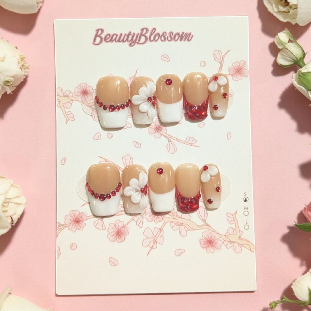 3D Flower Press On Nails Size Small Nude White Red Rhinestone Short Square Cute